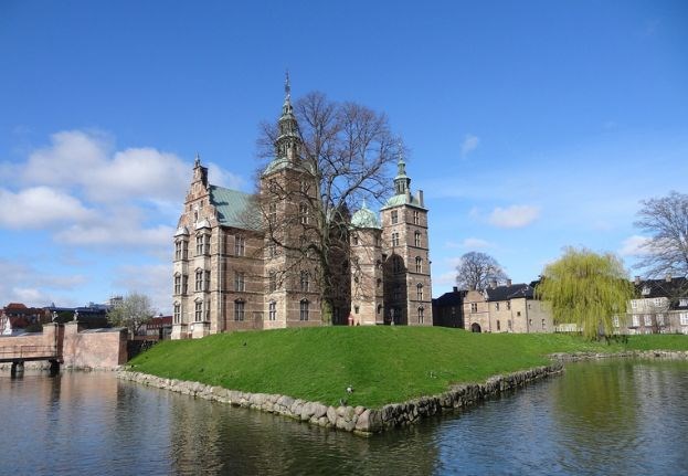 Rosenborg Castle surrounded by a moat.