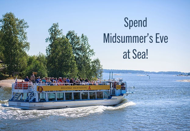 Sightseeing boat in Helsinki archipelago with text: Spend Midsummer's Eve at Sea!