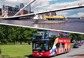 Collage of a picture of a sightseeing boat and a double decker tour bus
