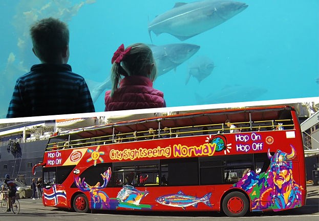 Stromma sightseeing bus and children at Ålesund Aquarium