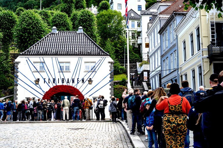 People in line to take the funicular up Mount Fløien in Bergen
