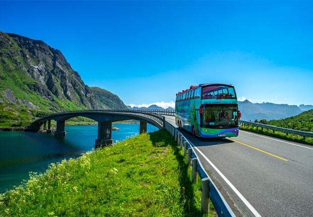Arctic Summer Tour bus on the roads of Lofoten