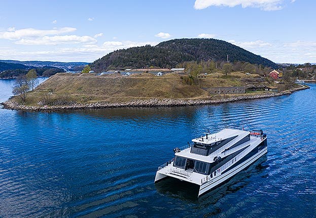 Electric catamaran in Fjords of Oslo. © Paul Hughson