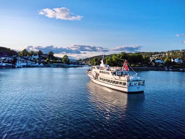 M/S Nobel Sailing the Oslo Fjord with blue skies 