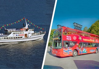 Split image of M/S Nobel on water and a red City Sightseeing tour bus.