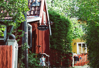 Red tree houses in the old parts of capital of the archipelago Vaxholm