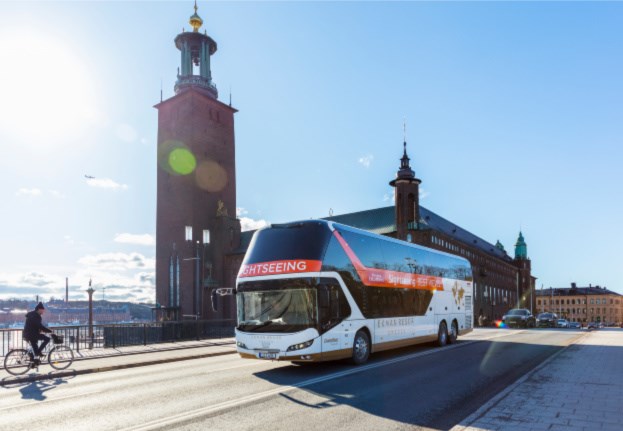 Panorama bus in front of the City hall of Stockholm