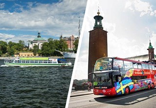 Collage showing a Hop On-Hop Off boat and bus in Stockholm