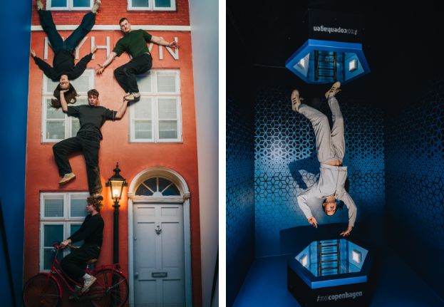 Visitors enjoying gravity-defying illusions at an interactive museum. ©Museum of Illusions