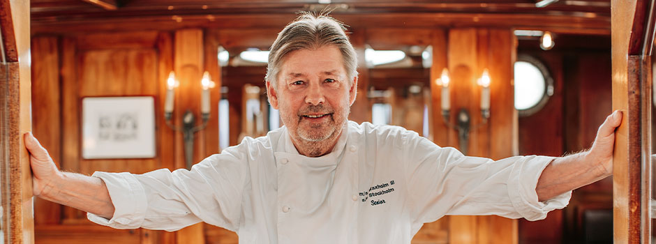 Chef Jesper Taube in the dining room aboard M/S Waxholm III
