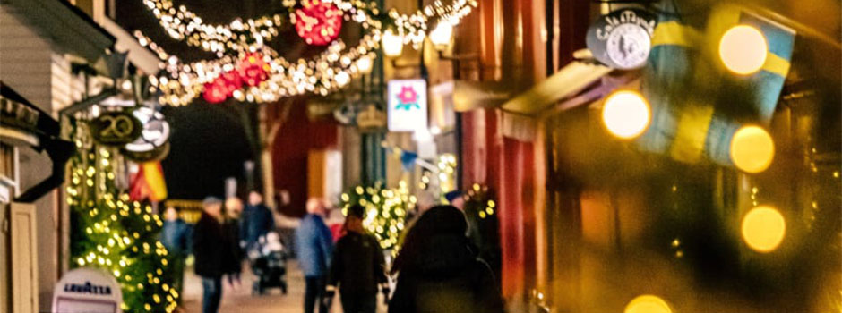 Christmas market in the evening in Sigtuna - Main street with Christmas lights